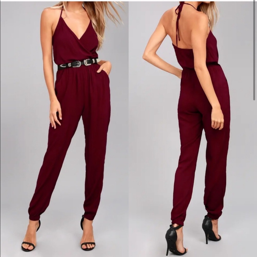Lulus Learning to Fly Burgundy Jumpsuit